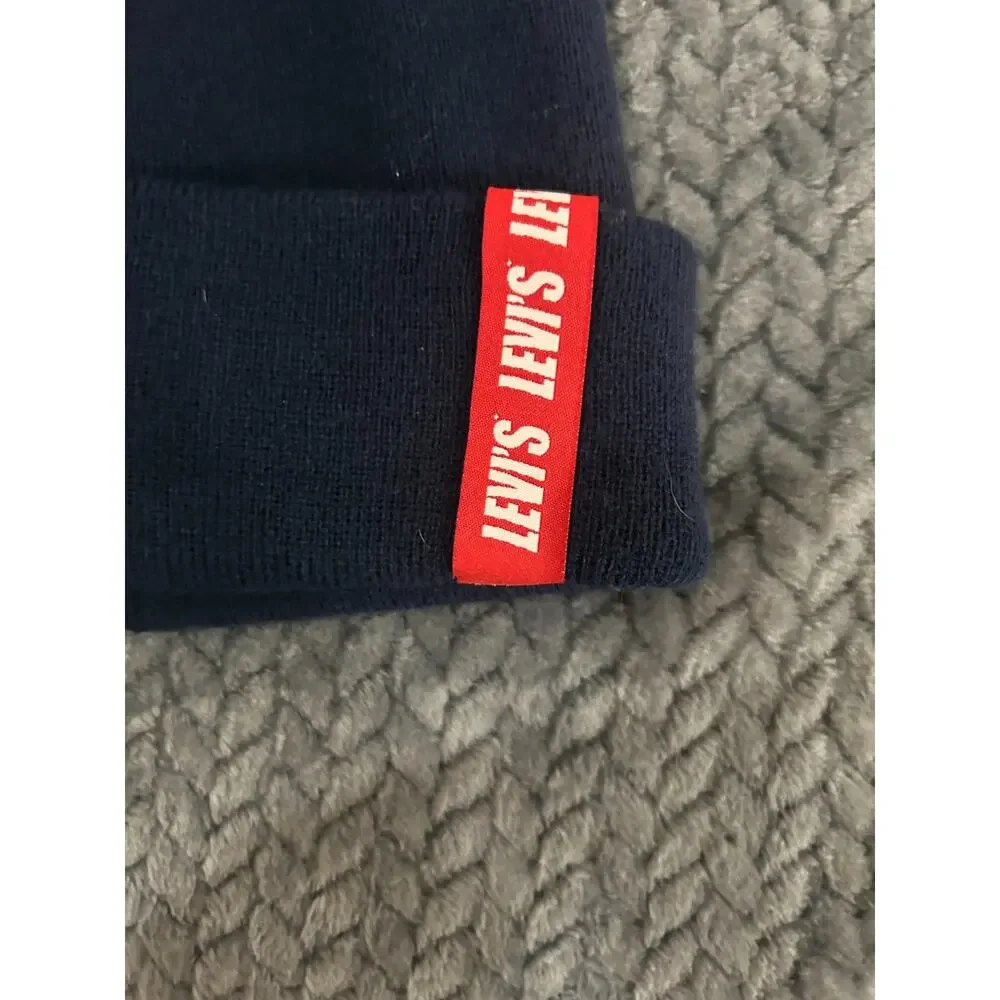 Levis Logo Beanie Knit Hat Adult One Size Blue Winter Cuffed Cap